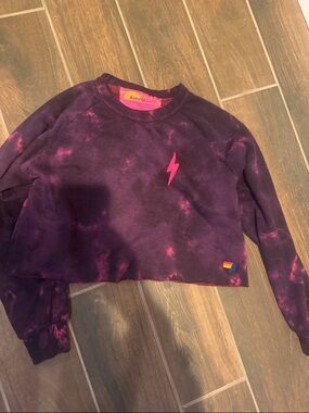 Aviator Nation Purple Tie-Dye Cropped Crewneck with Pink Lightning Bolt